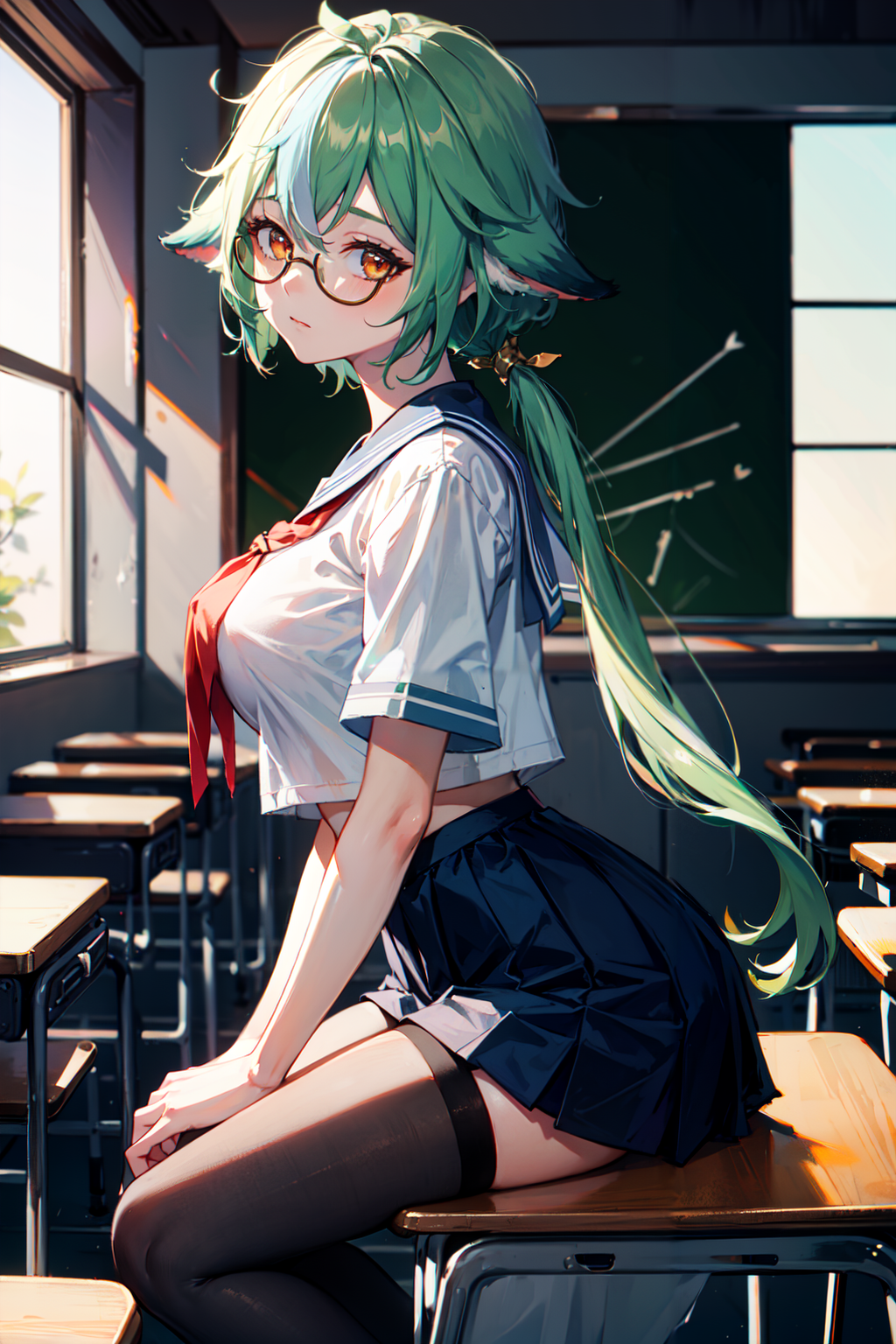01750-2890458996-(best quality, masterpiece), (1girl_1.2),  sucrose _(genshin impact_), glasses, green hair,multicolored hair,long hair,ponytail,.png